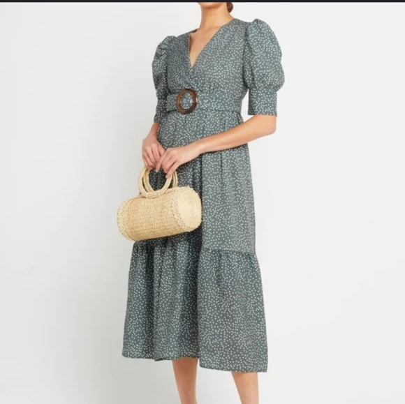 OPT Green Papin Short Balloon Sleeves Belted Midi Sundress Small Polka Dots - Picture 5 of 16